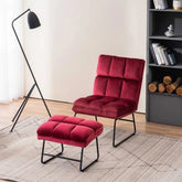 Square Tufted Rich Red Velvet Chair With Footrest - All India Decor