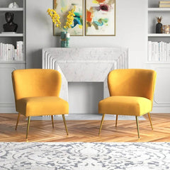 Minimalist Yellow Velvet Lounge Chairs Set Of 2 - All India Decor