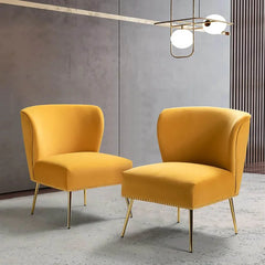 Minimalist Yellow Velvet Lounge Chairs Set Of 2 - All India Decor