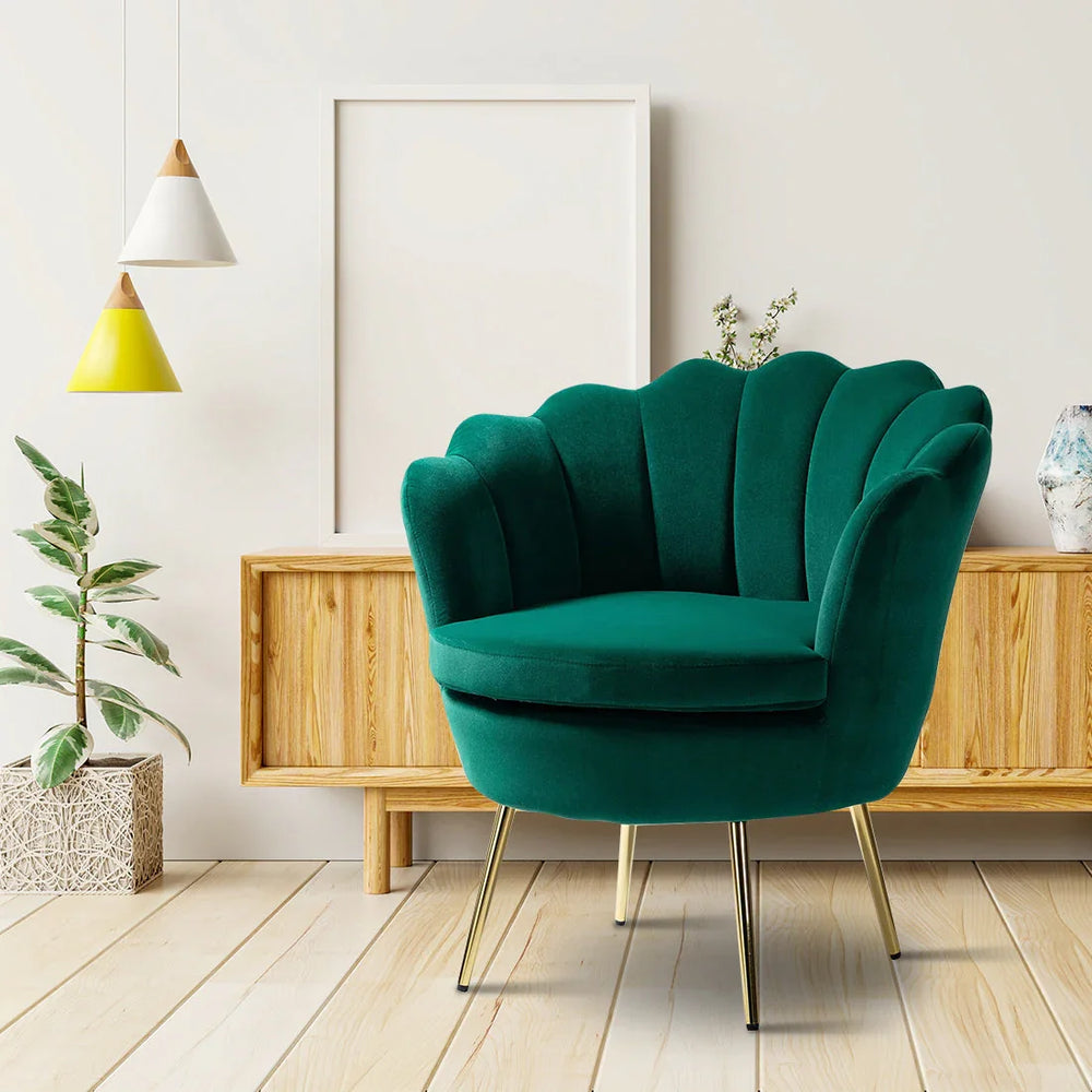 Shell Motif Luxury Green Velvet Lounge Chair - All India Decor