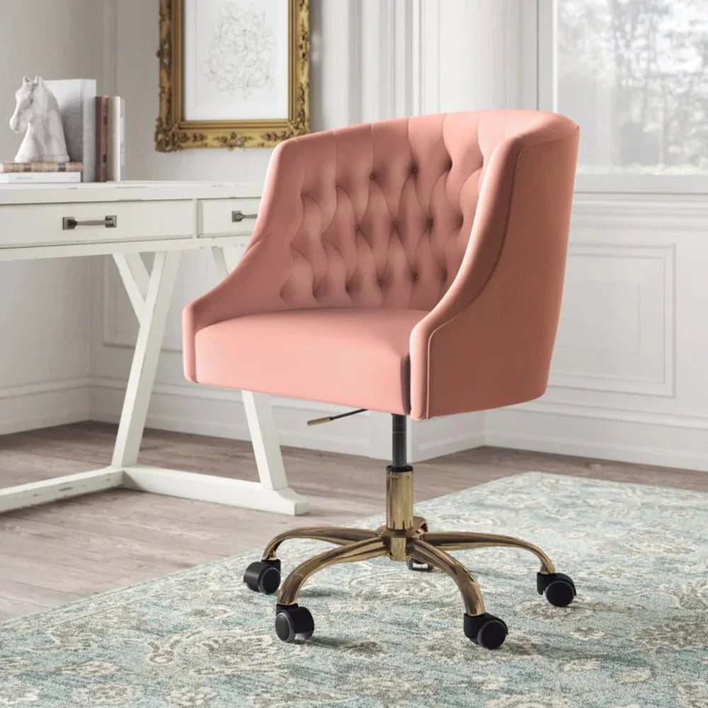 Comfort Back Tufted Pink PU Foam Armchair With Golden Base - All India Decor