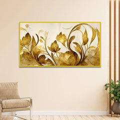 DECORSMANTRA Elegant Flowers Golden Leaf Floating Frame Canvas Wall Painting - All India Decor