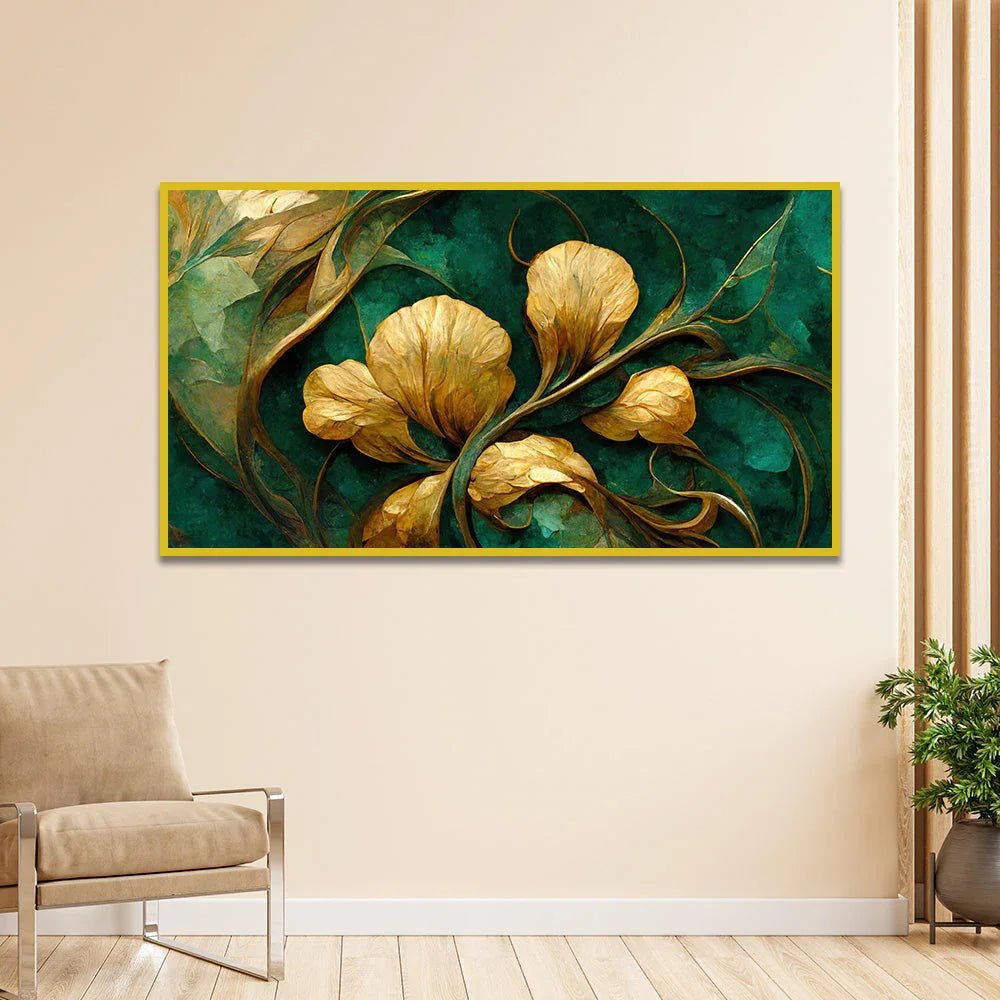 Luxurious Golden Flower Canvas Art Elegant Floating Framed Canvas Painting - All India Decor