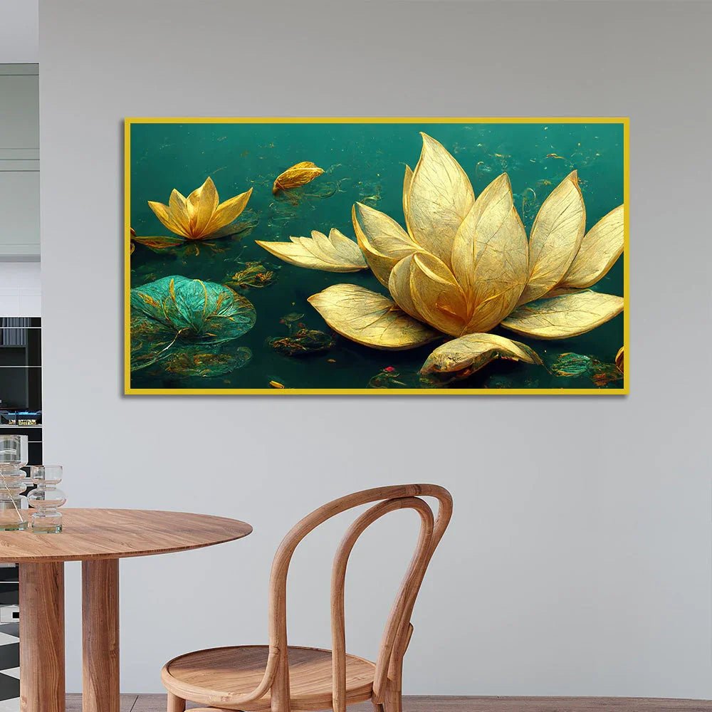 Elegant Golden Lotus Flower Green Leaf Vastu Painting for Home Décor - All India Decor