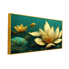 Elegant Golden Lotus Flower Green Leaf Vastu Painting for Home Décor - All India Decor