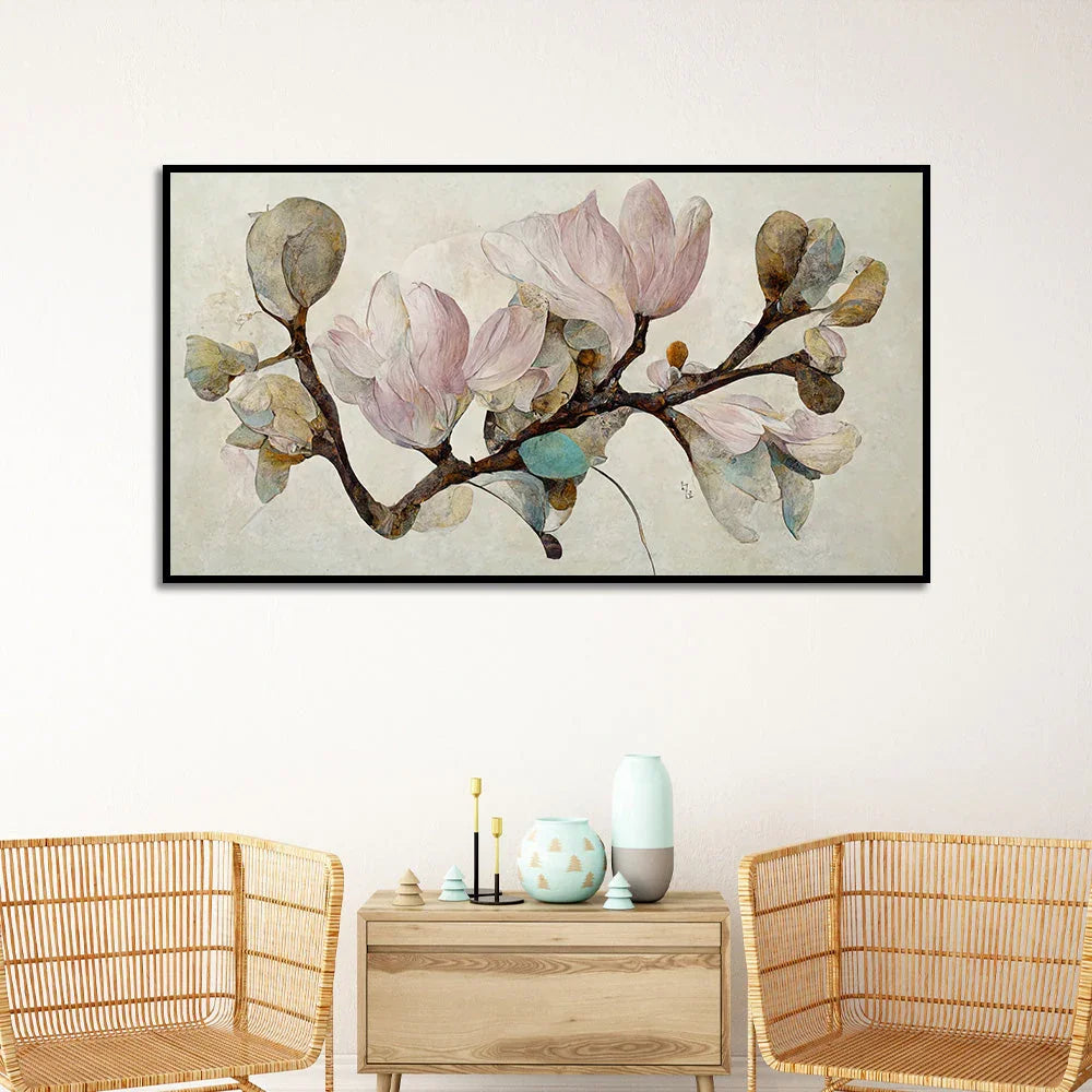 Magnolia Branch with Blossoming Flower Canvas Wall Painting - All India Decor