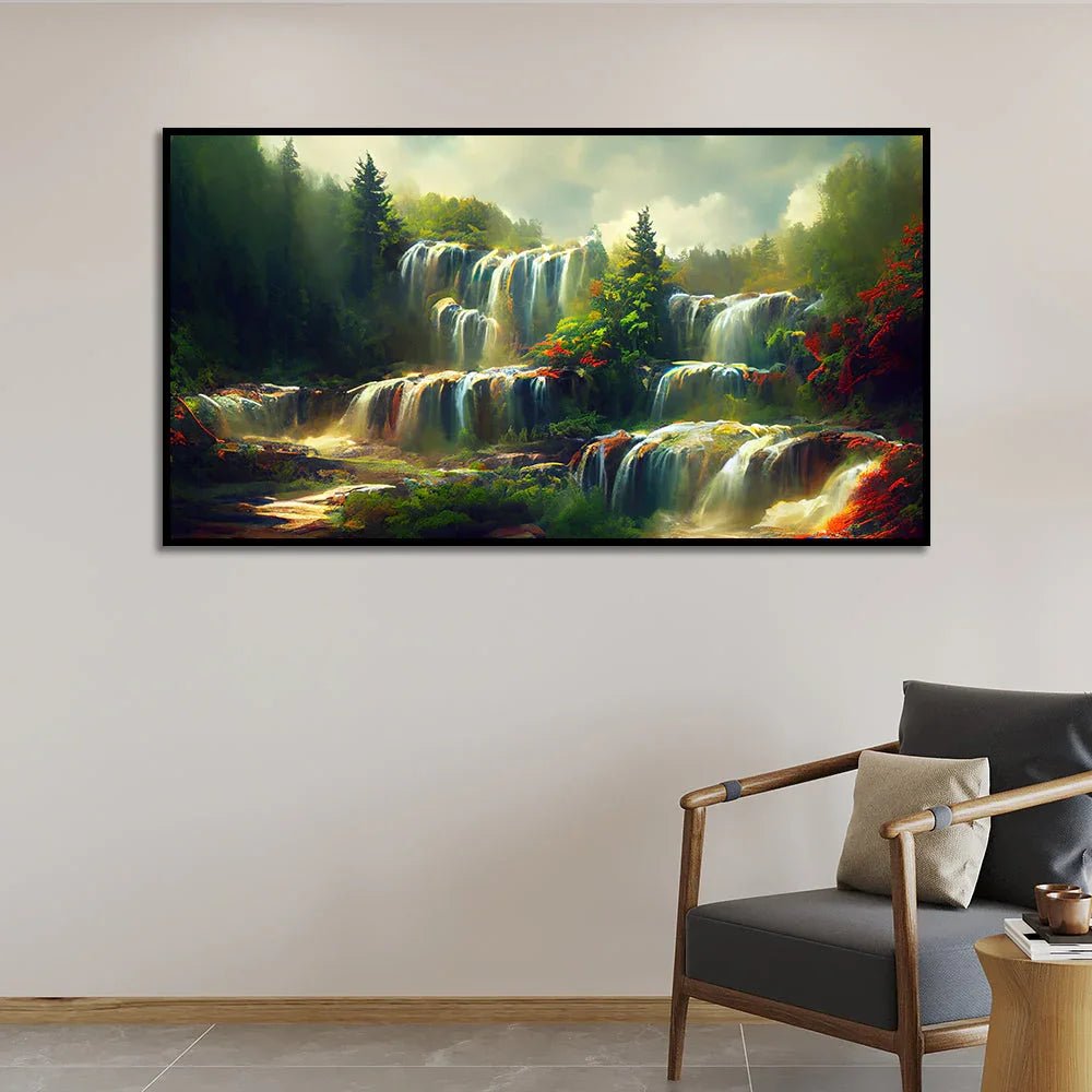 Waterfall and Mountains Stream Flow Canvas Beautiful Landscape Wall Painting - All India Decor