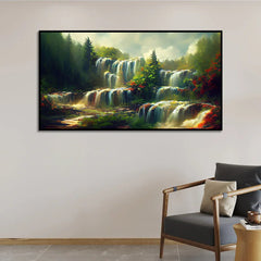 Waterfall and Mountains Stream Flow Canvas Beautiful Landscape Wall Painting - All India Decor