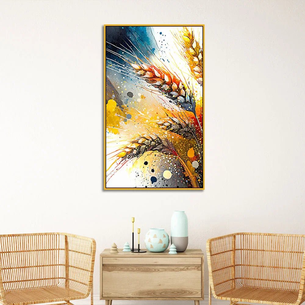 Wheat Stalks with Golden Tones Floating Frame Canvas Wall Painting - All India Decor