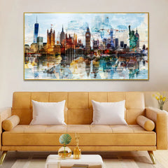 Abstract Cityscape with Tram Skyscrapers Floating Frame Canvas Wall Painting - All India Decor