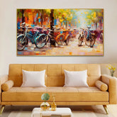 Group of Bicycles Parked on a City Street Floating Framed Canvas Wall Painting - All India Decor