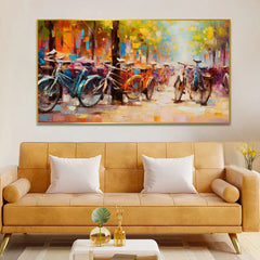Group of Bicycles Parked on a City Street Floating Framed Canvas Wall Painting - All India Decor