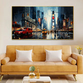 City Street with Yellow & Red Taxi Cab car Floating Frame Canvas Wall Painting - All India Decor