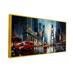 City Street with Yellow & Red Taxi Cab car Floating Frame Canvas Wall Painting - All India Decor