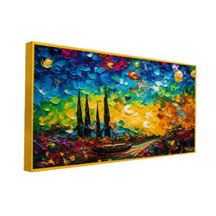 Blue & Yellow Modern Abstract Boat on the Water Framed Canvas Painting - All India Decor