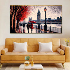 Romantic Couple Walking in Rain Sheltered by Red Umbrella Canvas Wall Painting - All India Decor