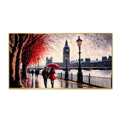 Romantic Couple Walking in Rain Sheltered by Red Umbrella Canvas Wall Painting - All India Decor