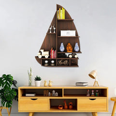 Ship Backlit Wood Wall Shelf / Book Shelf / Night Light, Walnut Finish - All India Decor