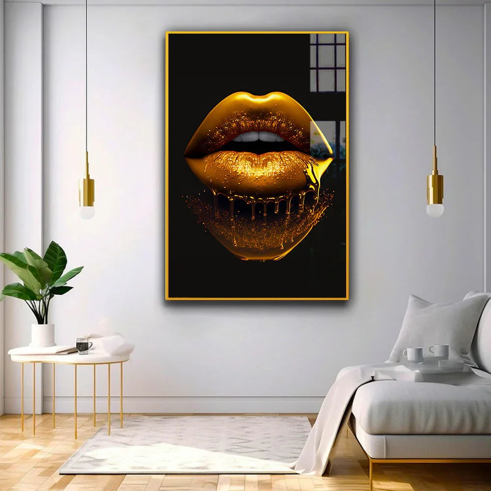 Sleek and Stylish Golden Lips: Modern Acrylic Wall Paintings for a Chic Décor - All India Decor