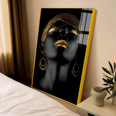Beautiful Black and Gold African Woman Fantastic Make Up Face Acrylic Wall Paintings - All India Decor
