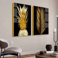 Beautiful Golden Pineapple & Palm Leaf Modern Acrylic Wall Paintings & Arts - All India Decor