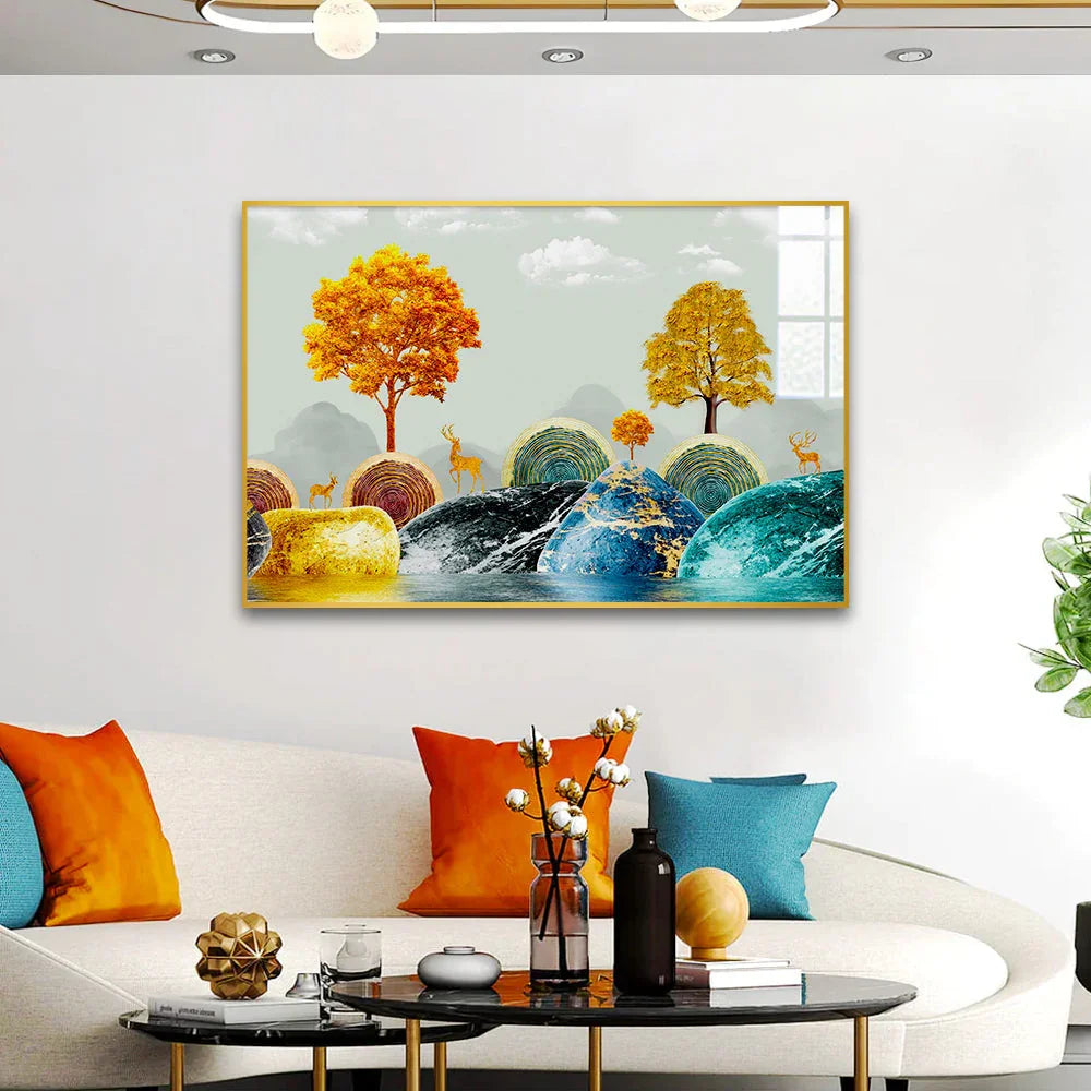 Radiant Arboreal Reverie Golden Trees Floating Framed Acrylic Wall Paintings & Arts - All India Decor