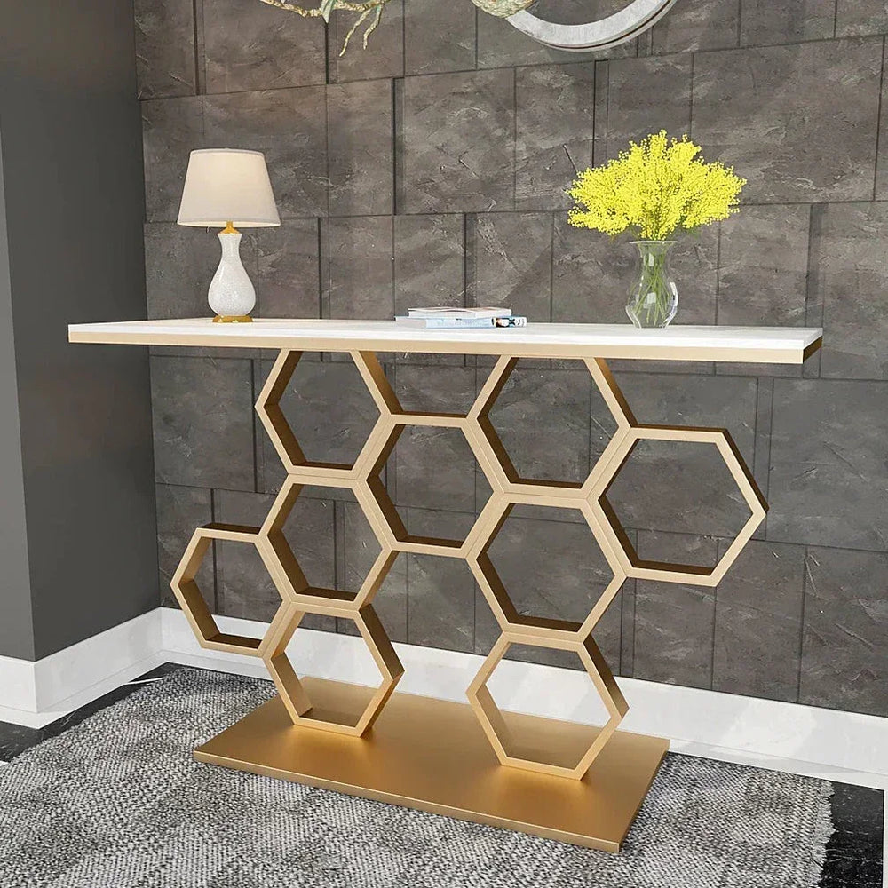 luxury Console table design against a gray tiled wall