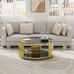 Modern living room with a gray sofa and gold coffee table.