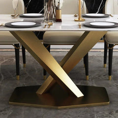 Stardust Dining Table Set – Stainless Steel Gold PVD Finish with Beige & Brown Cushioned Chairs - All India Decor