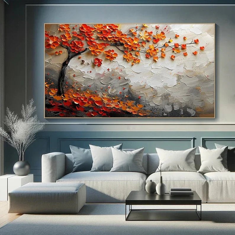Vibrant Orange Blossom Tree Canvas Painting, Textured Wall Art, Large Canvas Art, Modern Abstract Painting, Autumn Tree Art - All India Decor