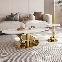 Modern living room with a stylish sofa, coffee table, and side table.