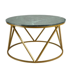 Round coffee table with marble top and gold metal base on a white background