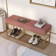 All India Decor Upholstered Pink Velvet Luxurious Golden Shoe Rack Bench Organizer
