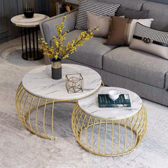 Ornate Rounded Metallic Marble Nested Coffee Table Set of 2 - All India Decor