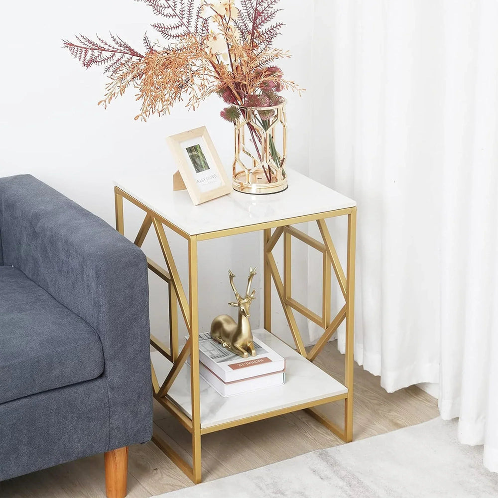 Square Geometric Rhombus Frame End Side Table with Golden Metal Finish - All India Decor
