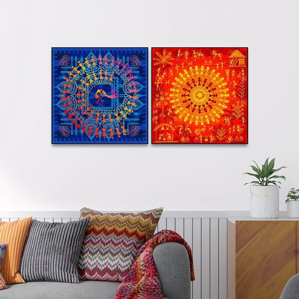 Sinuous Trailed Vibrant Warli Art Wall Frames - Set Of 2 - All India Decor