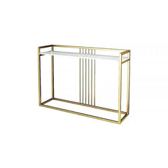 Gold-framed console table with white shelf on a white background