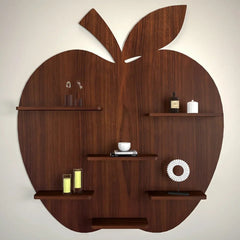 Apple Shape Backlit Wood Wall Shelf / Book Shelf / Night Light, Walnut Finish - All India Decor