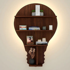 Bulb Shape Backlit Wood Wall Shelf / Book Shelf / Night Light, Walnut Finish - All India Decor