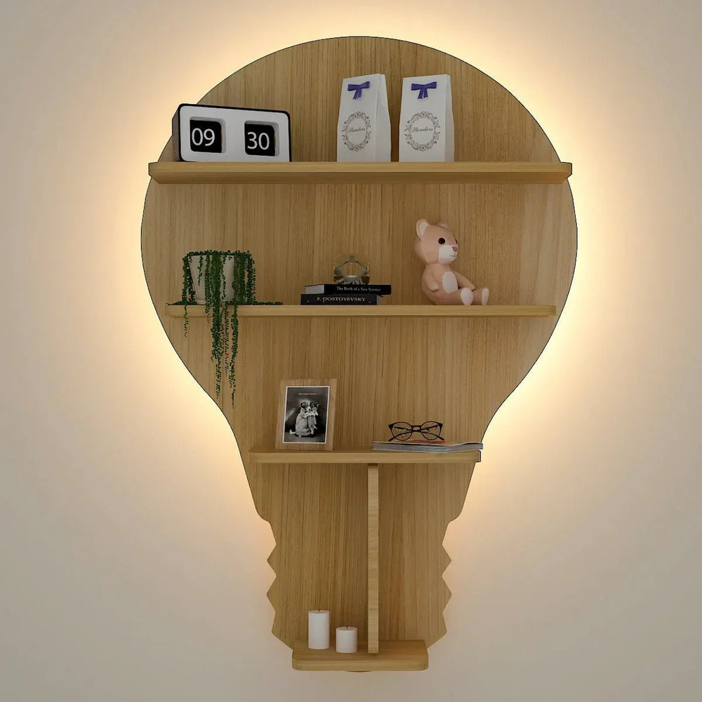 Bulb Shape Backlit Wood Wall Shelf / Book Shelf / Night Light, Light Oak Finish - All India Decor