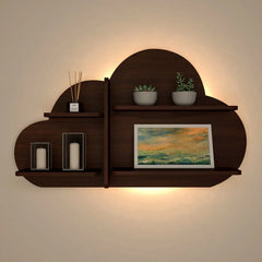 Cloud Shape Backlit Wood Wall Shelf / Book Shelf / Night Light, Walnut Finish - All India Decor