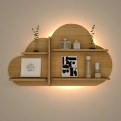 Cloud Shape Backlit Wood Wall Shelf / Book Shelf / Night Light, Light Oak Finish - All India Decor