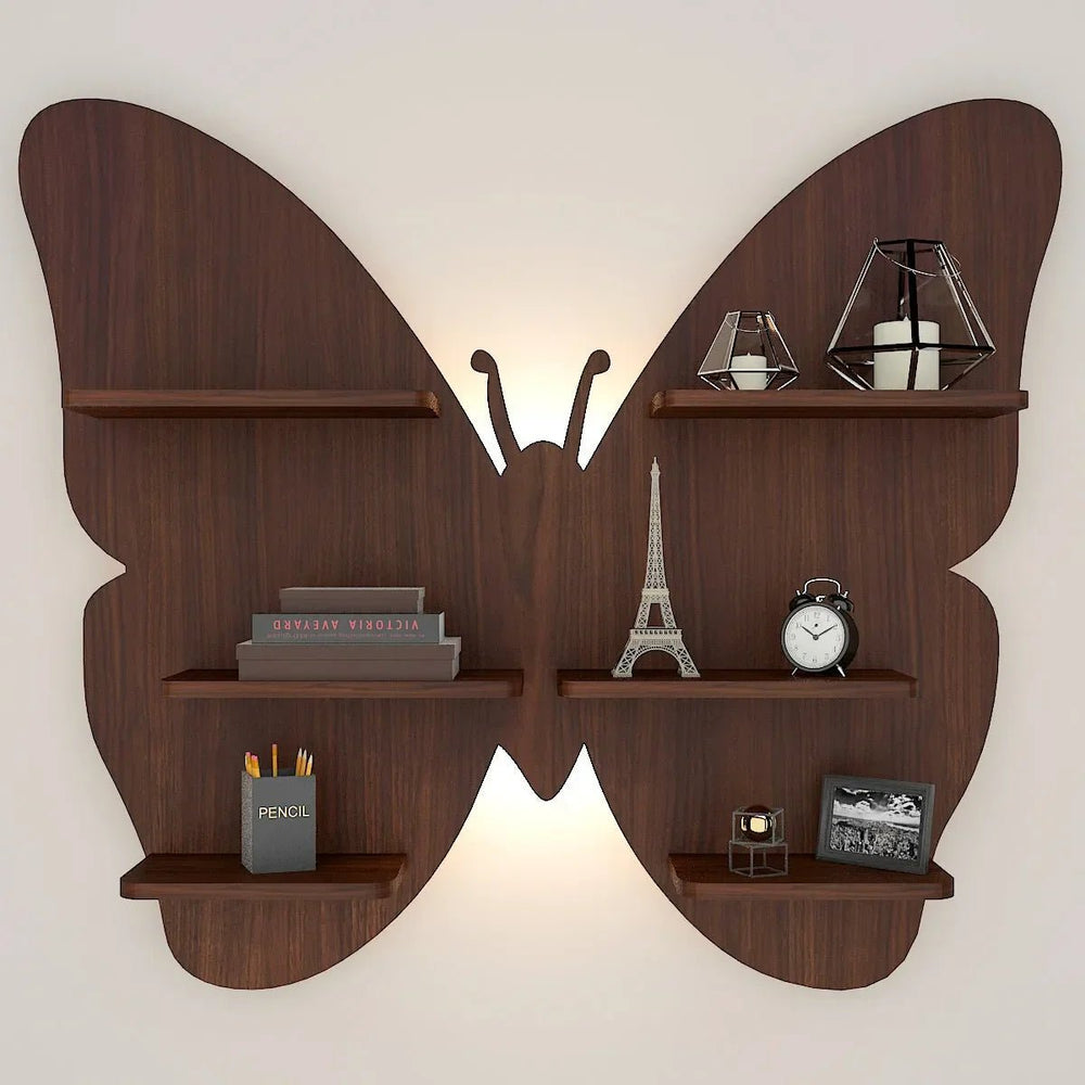 Butterfly Shape Backlit Wood Wall Shelf / Book Shelf / Night Light, Walnut Finish - All India Decor