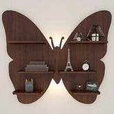 Butterfly Shape Backlit Wood Wall Shelf / Book Shelf / Night Light, Walnut Finish - All India Decor