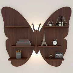 Butterfly Shape Backlit Wood Wall Shelf / Book Shelf / Night Light, Walnut Finish - All India Decor