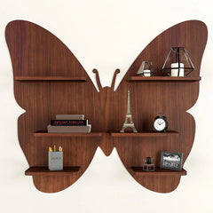 Butterfly Shape Backlit Wood Wall Shelf / Book Shelf / Night Light, Walnut Finish - All India Decor