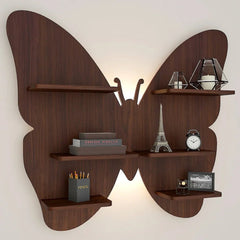 Butterfly Shape Backlit Wood Wall Shelf / Book Shelf / Night Light, Walnut Finish - All India Decor