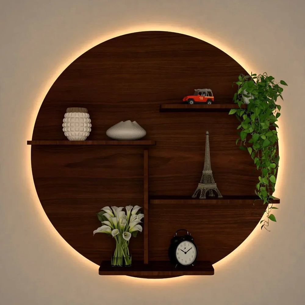 Circle Shape Backlit Wood Wall Shelf / Book Shelf / Night Light, Walnut Finish - All India Decor