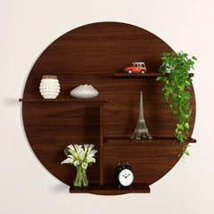 Circle Shape Backlit Wood Wall Shelf / Book Shelf / Night Light, Walnut Finish - All India Decor