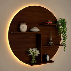 Circle Shape Backlit Wood Wall Shelf / Book Shelf / Night Light, Walnut Finish - All India Decor